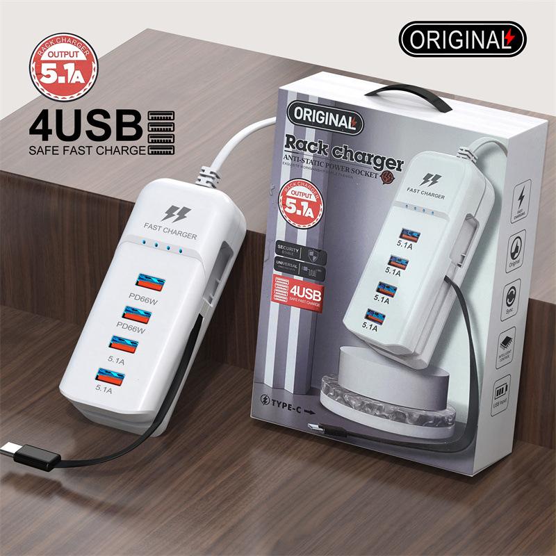 66W PD Fast Charging Wall USB Chargers USB Hub Adapter 4 Ports USB Type C EU US UK Plug Extension Type C Cable Socket Outlet
