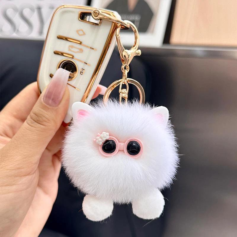 Kawaii Fluffy Cat Plush Keychain Aesthetic White Kitten Key Ring With Glasses Bag & Car Pendant A1