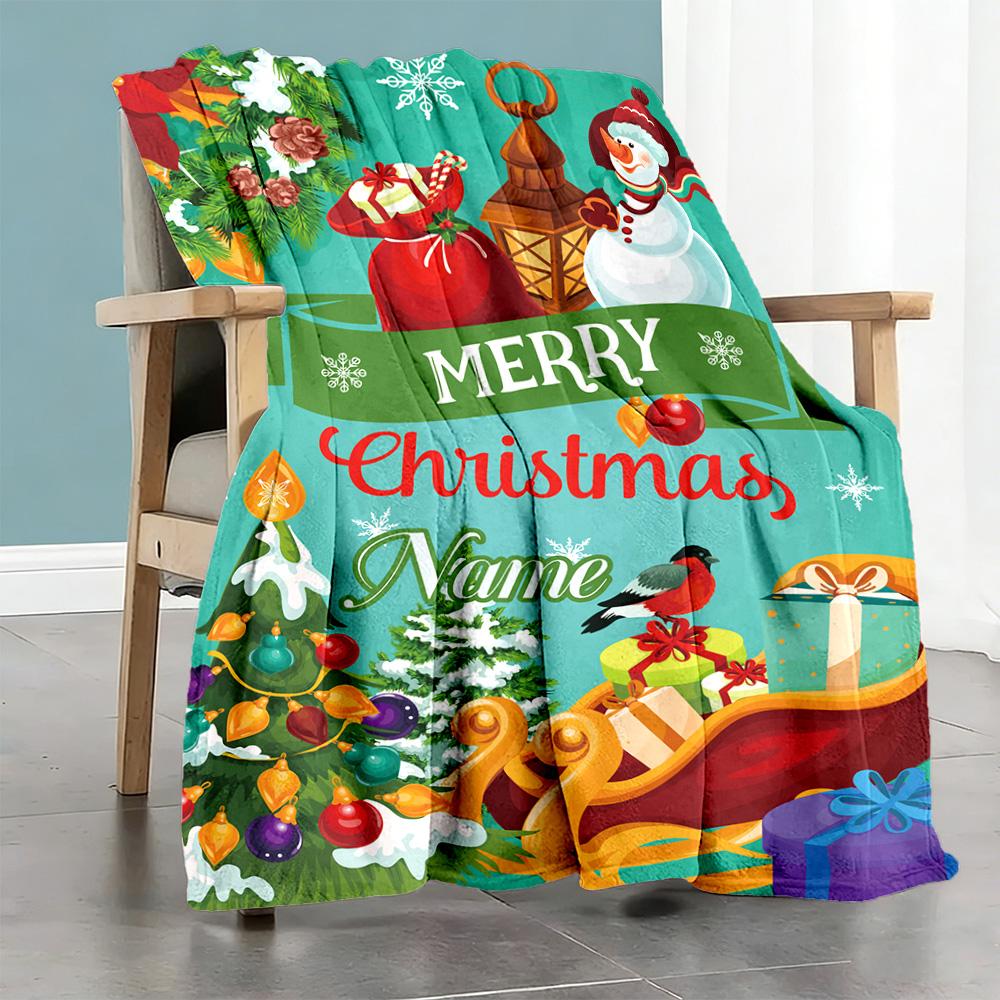 Christmas Snowman Tree Personalized Name Blanket Throw Customizable Blanket Durable Comfort for Bed Bedding Couch Home Decor for All Occasions