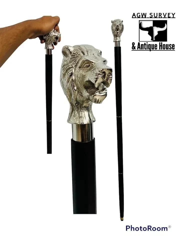 

Sterling Silver Walking Wooden Stick Lion Head Handle Vintage Look Best Gift