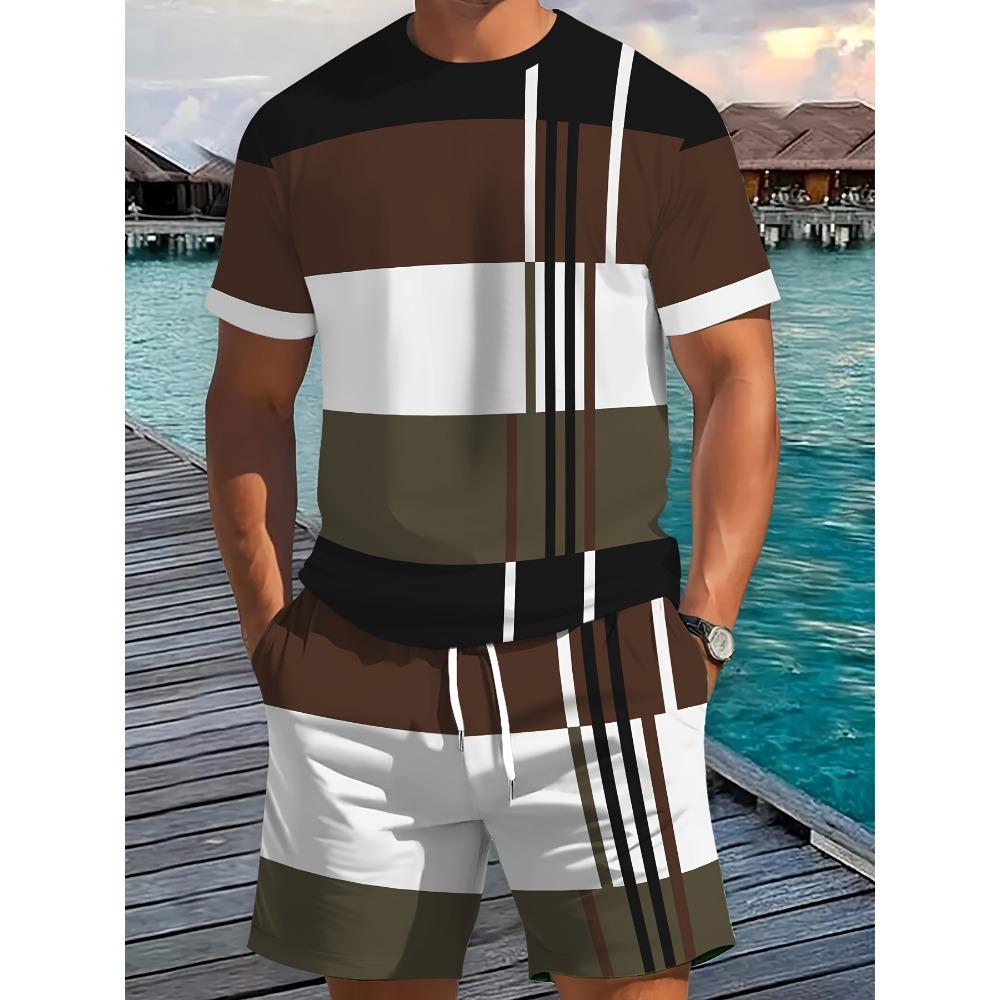 2026 Summer Arrival Men's Casual Two-Piece Set Striped Print Short-Sleeve Shirt and Athletic Shorts Set