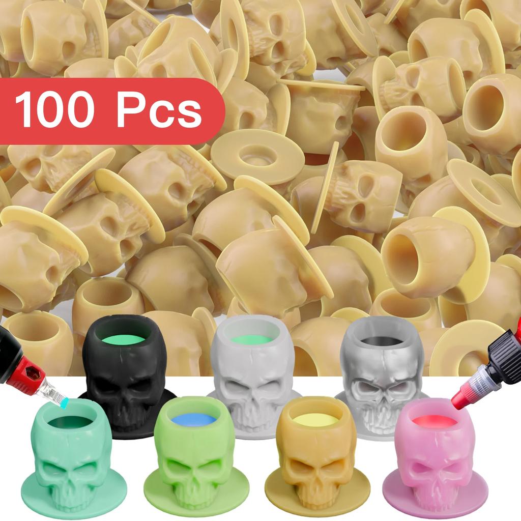 100PCS Tattoo Ink Cup Skull Disposable Silicone Tape Base Plastic Permanent Makeup Tattoo Pigment Cup Tattoo Accessories