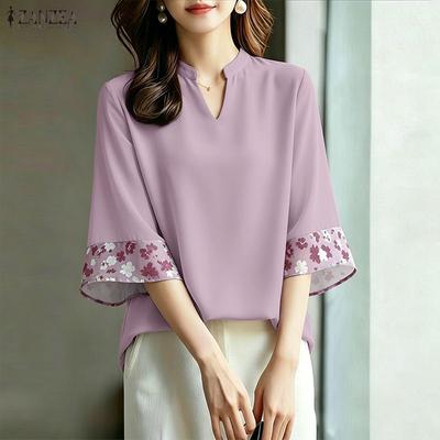 Women Casual V-Neck Loose Splice 3/4 Sleeve Blouse
