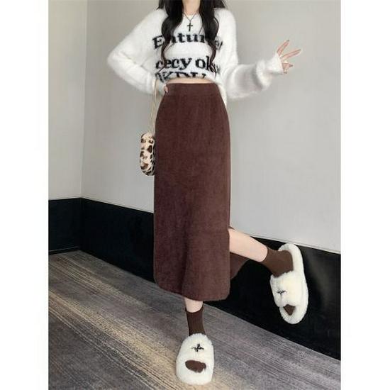 

Женская эластичная юбка миди А-силуэта из плюша под норку для осени и зимы S (Below 80 lbs)