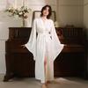 Sweet Satin Open-Front Robe: Deep V, Light Luxury, Tie-Waist, Wide Sleeves Homewear.