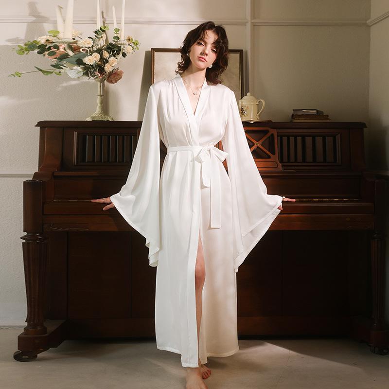 Sweet Satin Open-Front Robe: Deep V, Light Luxury, Tie-Waist, Wide Sleeves Homewear.