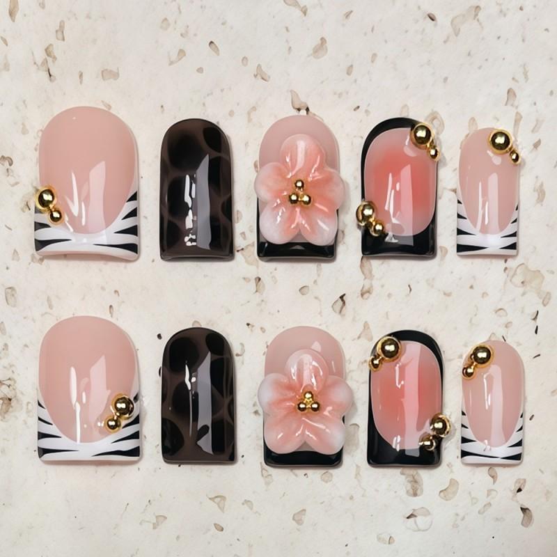 10pcs Handmade Press-On Nails With Floral 3D Embellishments French Nude Pink Zebra Leopard Print Short Style Women Small