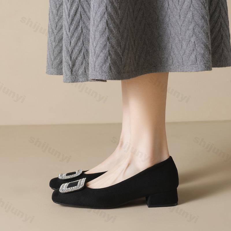Women High Heels Elegant Diamond French Style Square Toe Comfort Soft Shallow Chunky Heel Shoes Classic Black Versatile Pumps