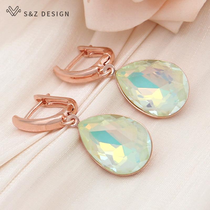 Modische Wassertropfen Kristall Hängeohrringe für Damen Hochzeit Stilvoll Roségoldfarben Ohrhänger Schmuck Geschenk
