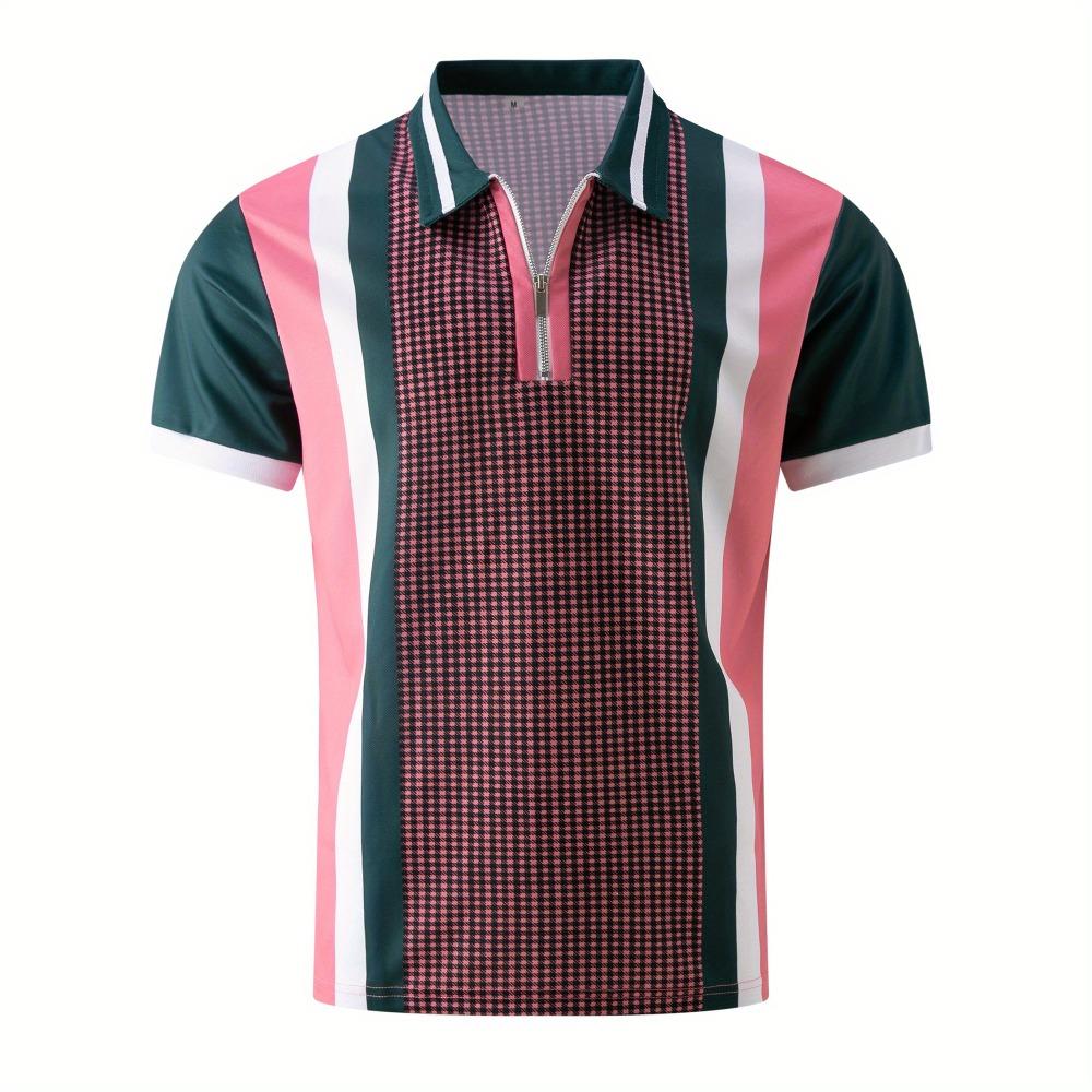 Summer new men's zipper short sleeved POLO shirt with 3D checkered print