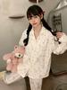 Korean version of cartoon bear island velvet pajamas, thickened thermal long-sleeved trousers in winter, girly loungewear can be worn outside