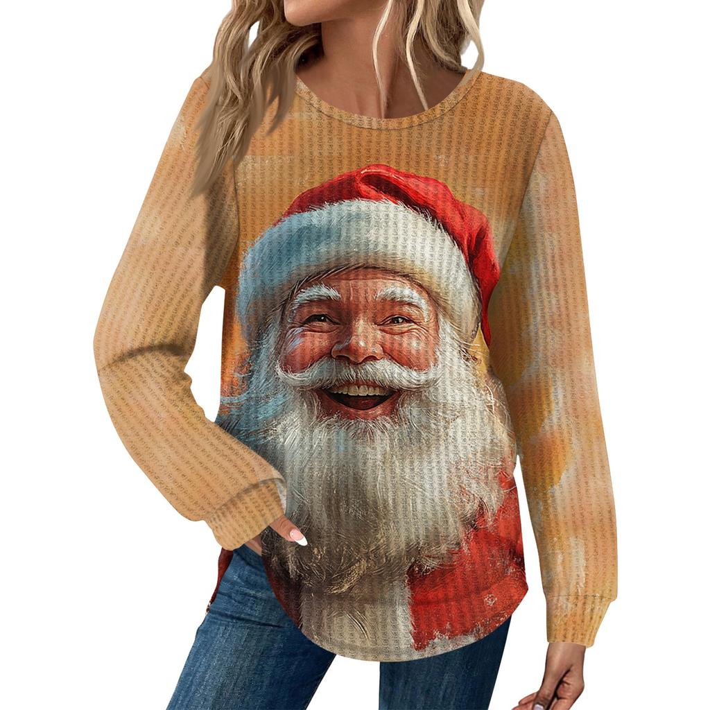 Dámská móda Ležérní Volný Top s kulatým výstřihem a dlouhým rukávem s vánočním potiskem