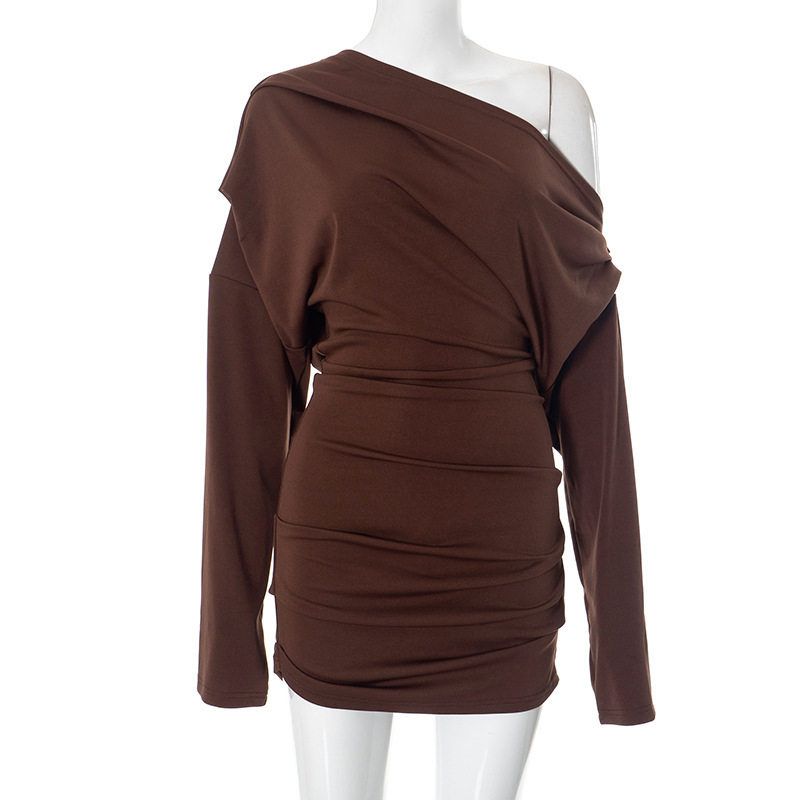 

H24Ds263 European and American Cross-Border Women s Fashion New Style Sexy Mature Solid Color Long-Sleeve Off-Shoulder Loose Short Dress Brown S