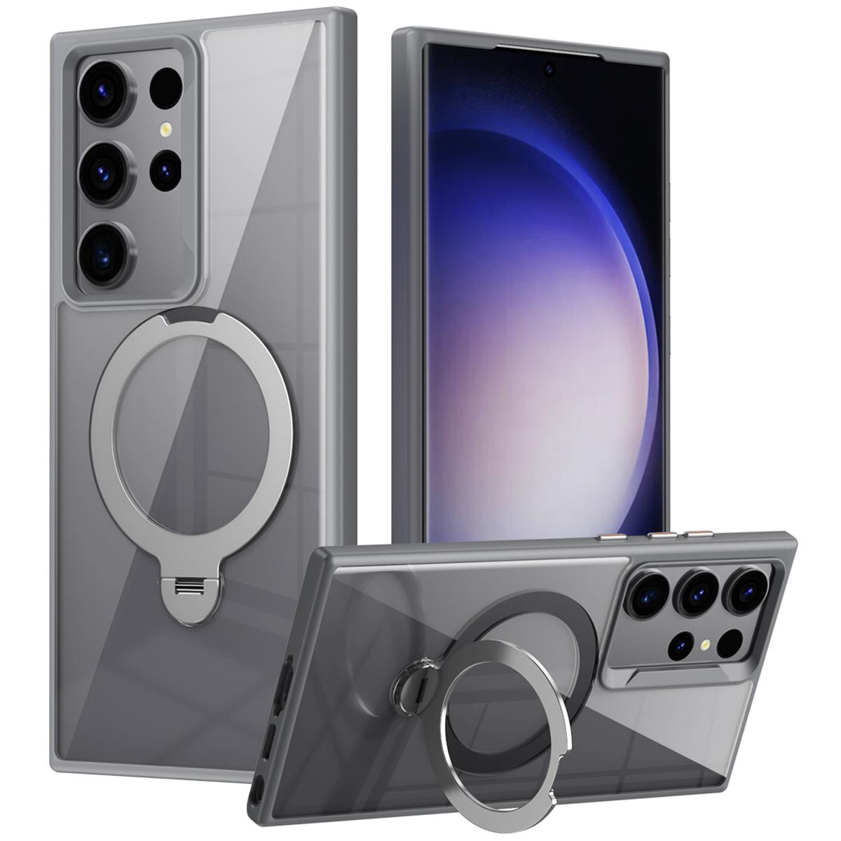 

Для Samsung Galaxy S23 Ultra Магнитный чехол ТПУ+Акриловая накладка на телефон Вращающееся кольцо-подставка Grey