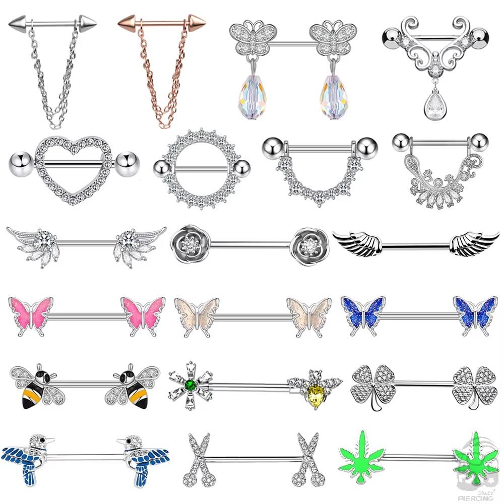 2pcs Butterfly Nipple Piercings Rings 16mm Length Bar Barbell Steel Crystal Nipple Shield Cover Heart Flower Tongue Body Jewelry