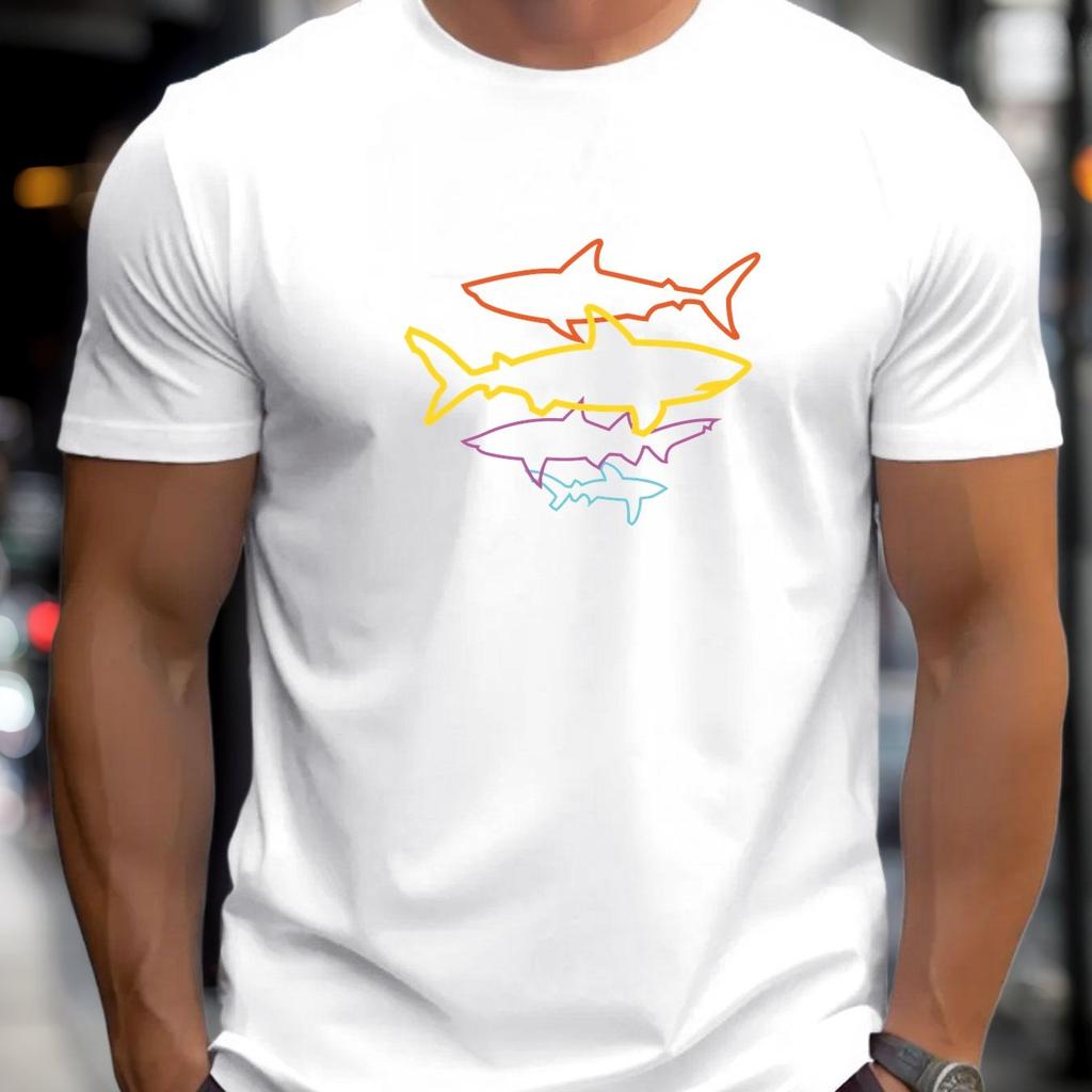 Men Neon Shark Graphic Summer TShirt Vibrant Yellow Casual Short Sleeve Tee with Round Neck Regular Fit for Beach Men Clothing