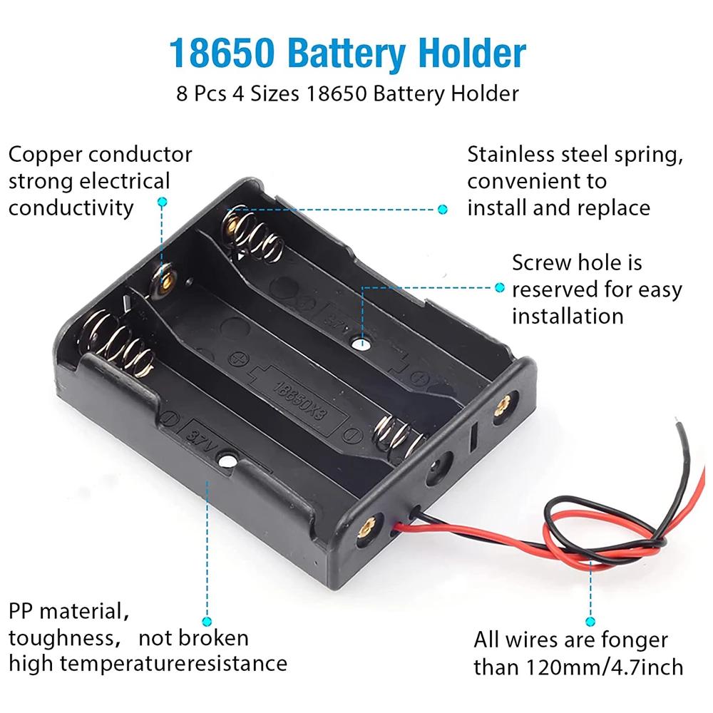 3pcs 18650 Battery Holder Storage Case 1 Slot 37V for 1 2 3 4 Cells with Black Red Wires Plastic Container Box