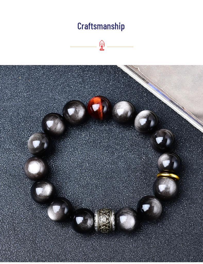 Herren Retro Silber Obsidian Perlenarmband