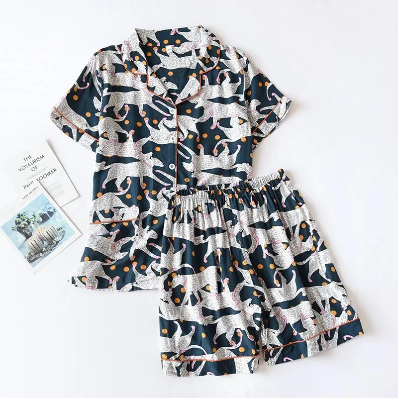 Spring and Autumn Ladies Cute Cartoon Floral Viscose Fiber Pajamas Two-piece Long-sleeved Home Service Cotton Summer Thin Shorts