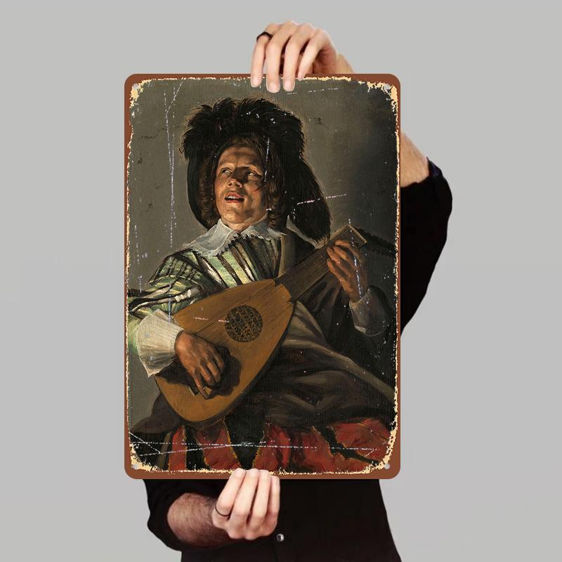 

Vintage Court Style Lute Player Metal Tin Painting European Classical Home Decor Living Room Wall Art Hanging 7.9x11.8In(20x30cm)