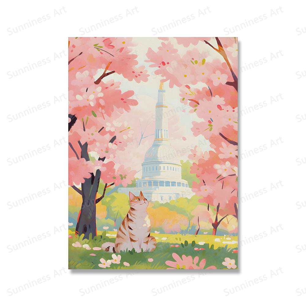 Tabby Cat Flower Market Posters and Prints Canvas Painting Cherry Blossoms Wall Art Pictures for Living Room Home Decor Cuadros