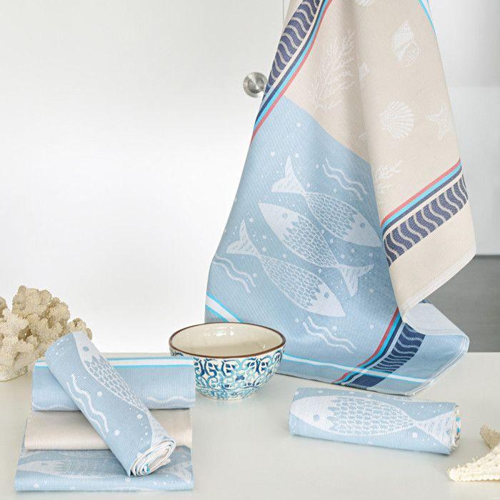 Lot de 6 torchons de cuisine imprimés "Saveurs de la Mer" 50 x 70 cm Coton Egyptien