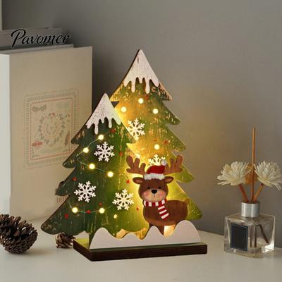 Mini Christmas Tree Wooden Table Decor with LED Light, Rustic Standing Sign Exquisite Wood Craft Reindeer Santa Claus for Holiday Tiered Tray,