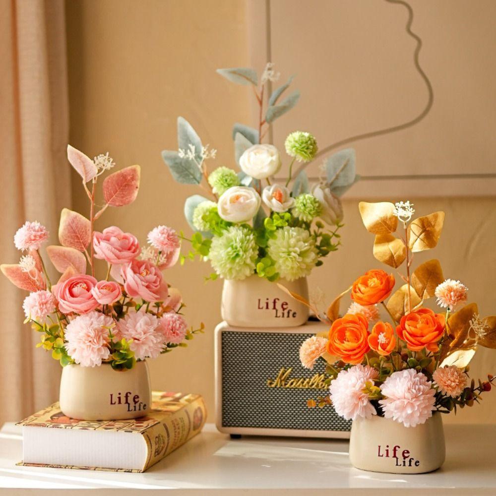 Hydrangea Artificial Flower Bonsai Ranunculus Maintenance-Free Green Grass Potted Photo Props Multicolor