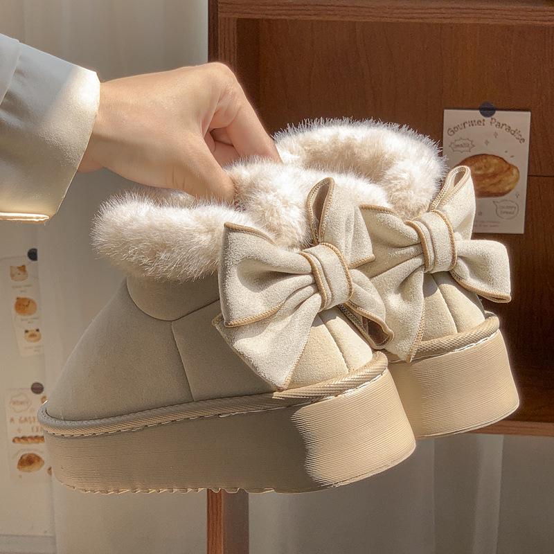 Women's Thick-Soled Cotton Slippers - Autumn/Winter Warm Velvet Snow Boots with Bow - Indoor/Outdoor All-Inclusive Heel.