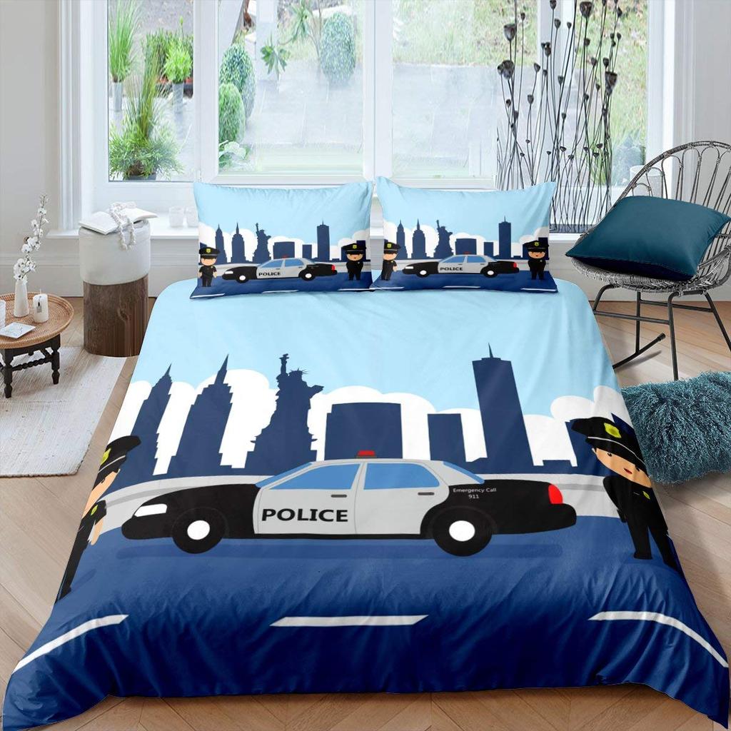 Police Car Duvet Cover Set King Queen Size Polyester Quilt Cover Cartoon Car Pattern For Kids Teens Bedding Set With Pillowcase