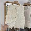 Chaleco sin mangas de encaje calado dulce estilo francés de verano para mujer: Cárdigan Elegante de Punto Holgado de un Solo Botón