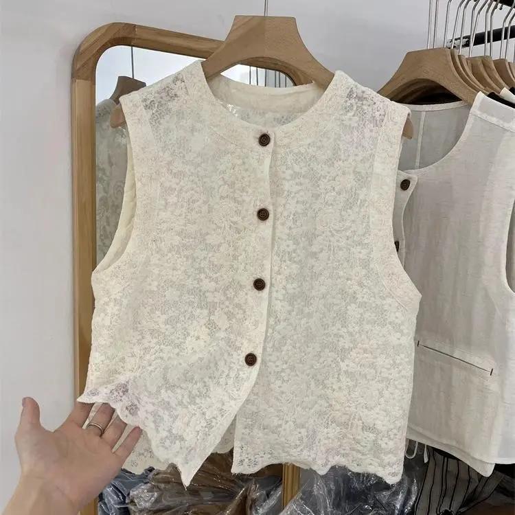 Women s Summer French-Style Sweet Lace Openwork Sleeveless Vest: Loose-Fit, Elegant Single-Breasted Cardigan XXS