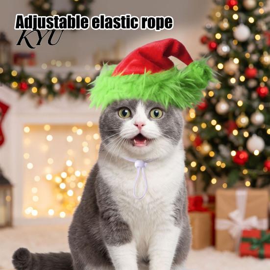 Adjustable Dog Cat Hat Christmas Pet Hat, Plush with Fuzzy Green Trim, Santa Photo Prop Elastic Band for Cats Dogs Festive Costume Accessory