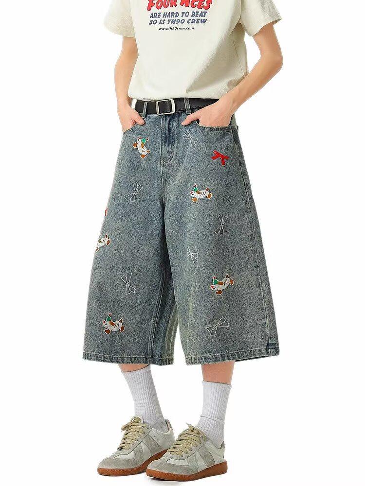 Unisex Slimming Loose Fit Little Dog Embroidery Cropped Jeans Shorts - Straight Leg, Plus Size, Summer Wear