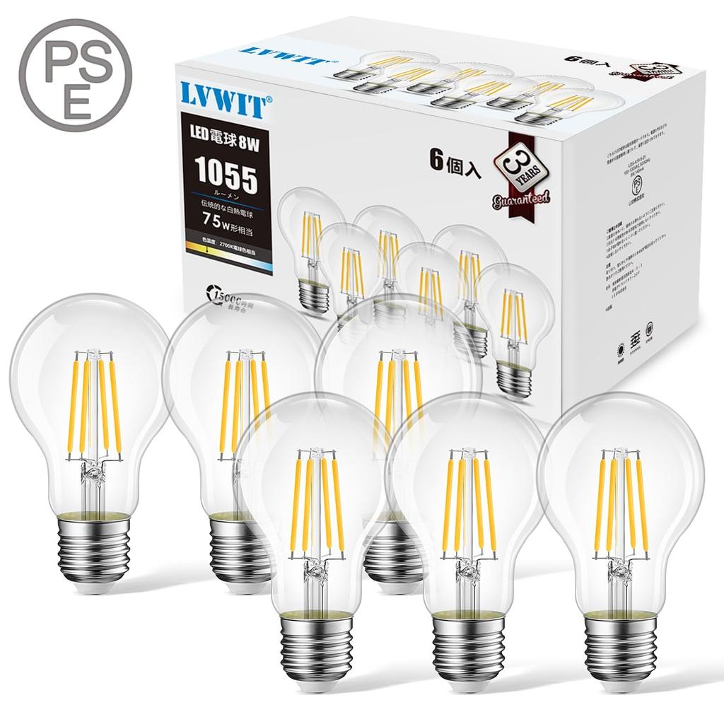 LVWIT LED Bulbs, E26 Base, 1055LM, 8W Filament Bulb, A60, 2700K Warm White, Equivalent To 75W, Clear Type, Retro Light Bulb, PSE Certified, Pack of