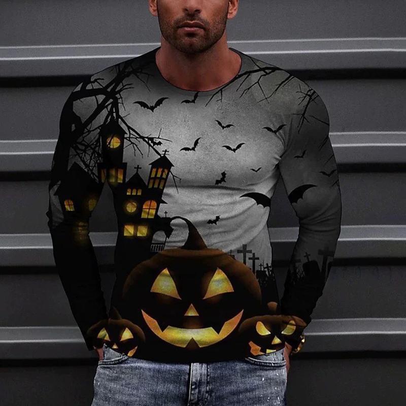 New 3D Pumpkin Puppet Print Mens Tshirts Long Sleeve Tees Round Neck Casual Pullover Mens Clothing Plus Size