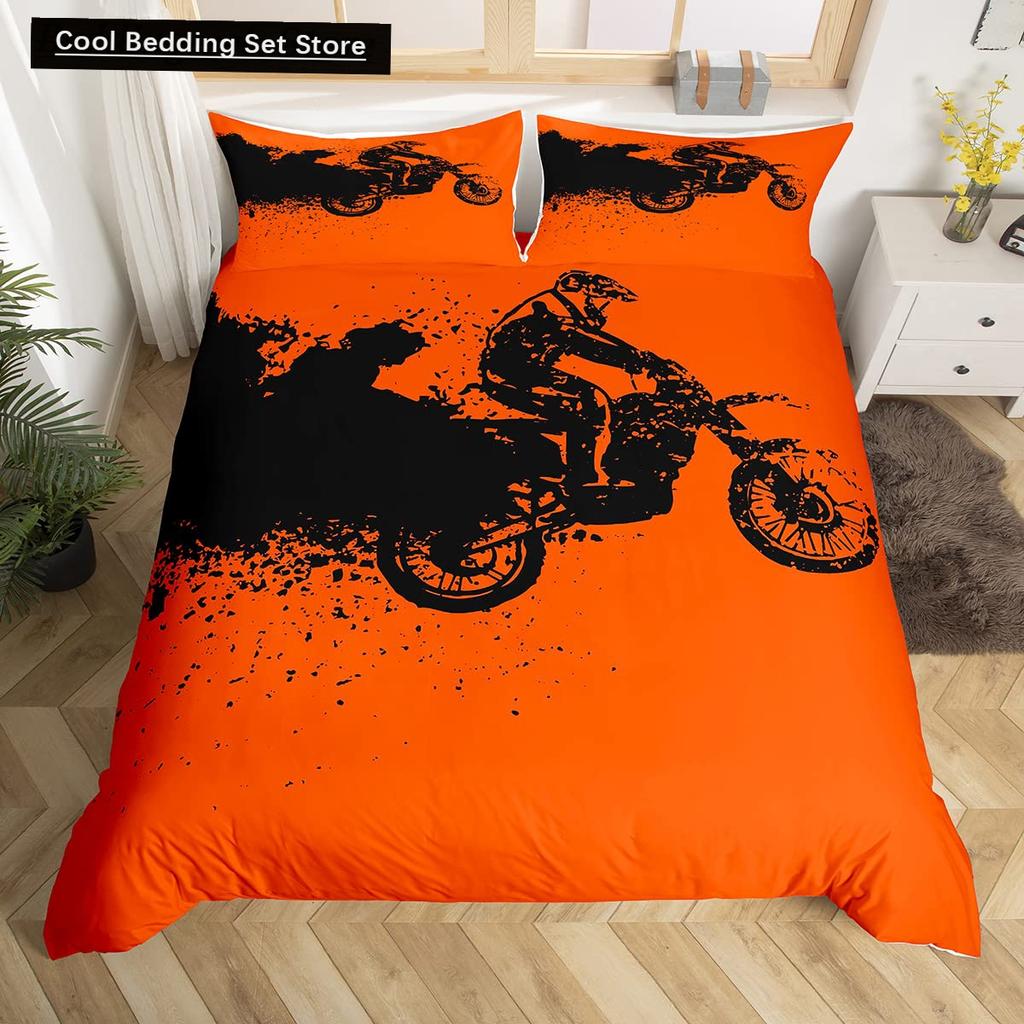 Dirt Bike King Queen Duvet Cover Motocross Sports Bedding Set Motorcycle Quilt Cover Youth Cool Black White Soft Comforter Cover