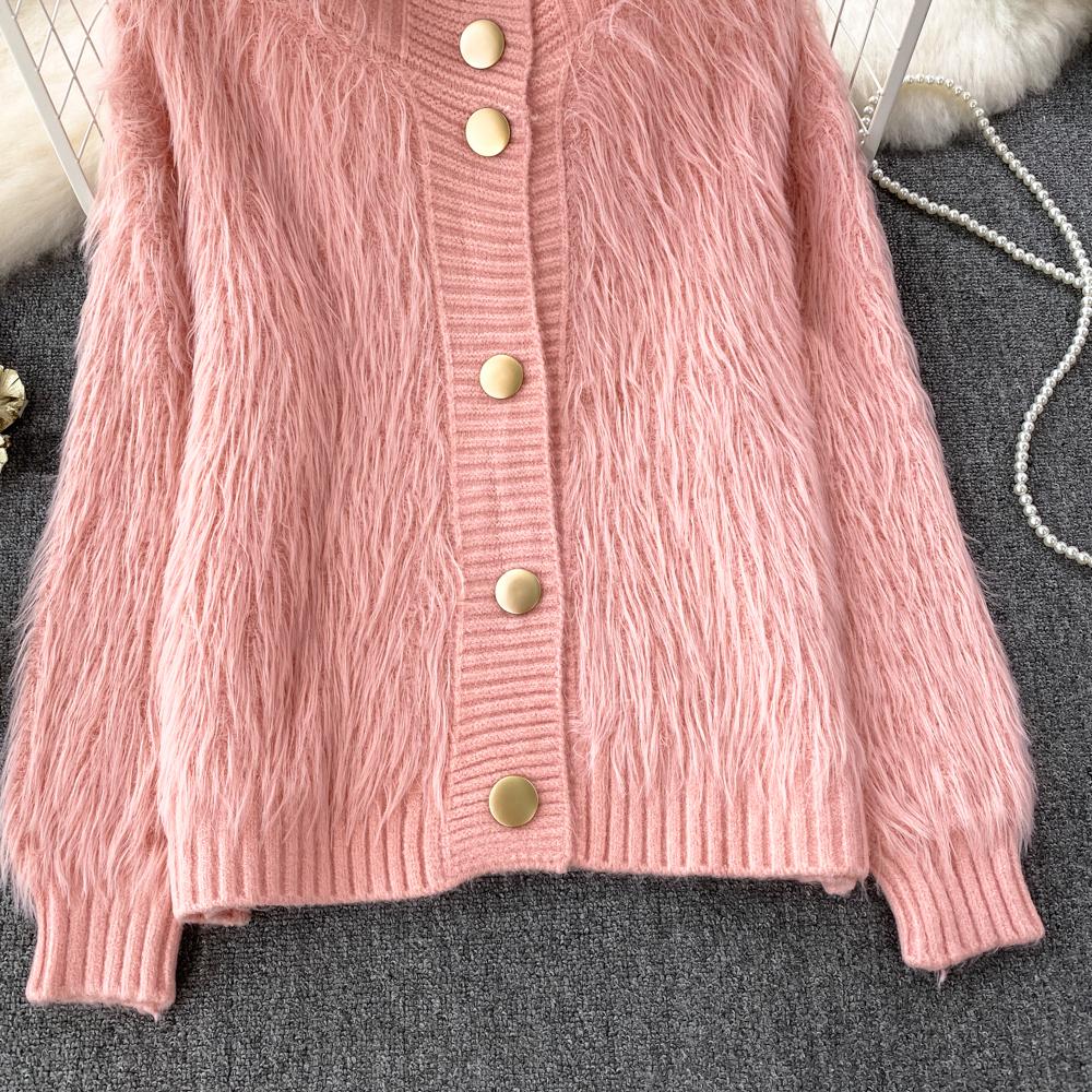 Imitation Mink Sweater Fashion Stand-UP Collar Loose Top Women's  Autumn/Winter Korean Soft Comfortable Cardigan Solid Coat