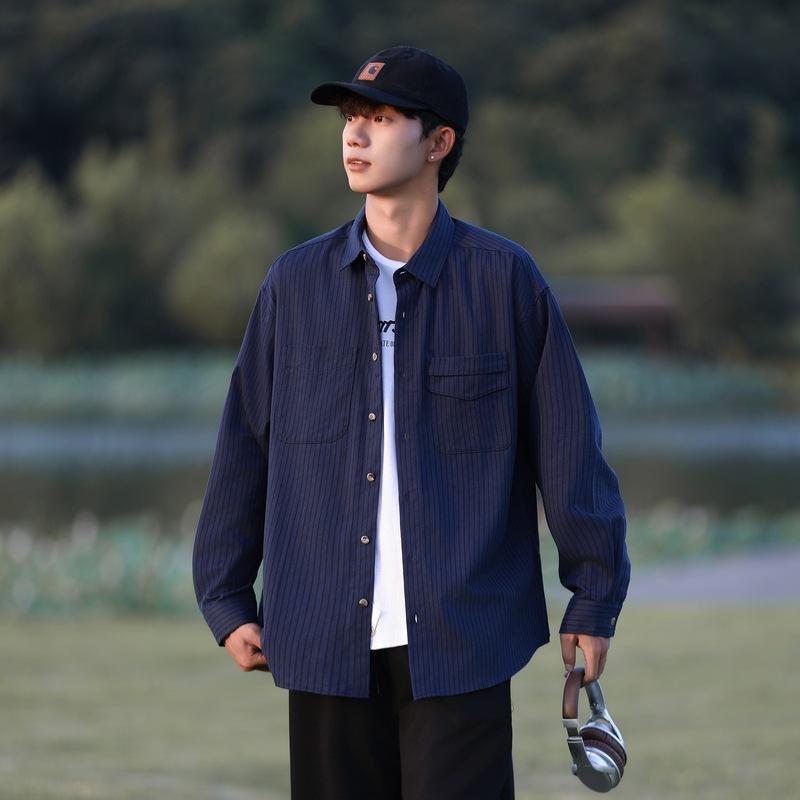 Spring and Autumn Men's New Lar Loose Casual Striped Long Sleeve Shirt