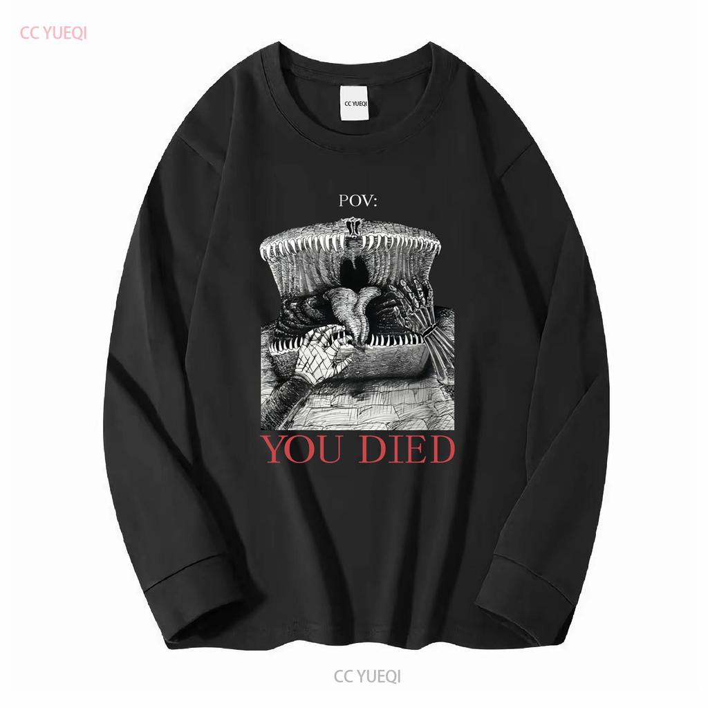 Mimik DnD Dark Souls Tuschezeichnung T-Shirt POV DU BIST GESTORBEN lang- oder kurzärmelig vintage gewaschen vielseitig Mode Streetwear