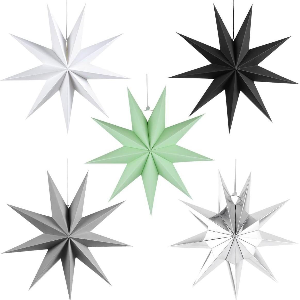 

5pc Vintage Christmas 9-Point 30cm Paper Star Christmas Decoration Hanging Ornaments for Xmas Tree Festival Window Ceiling Decor