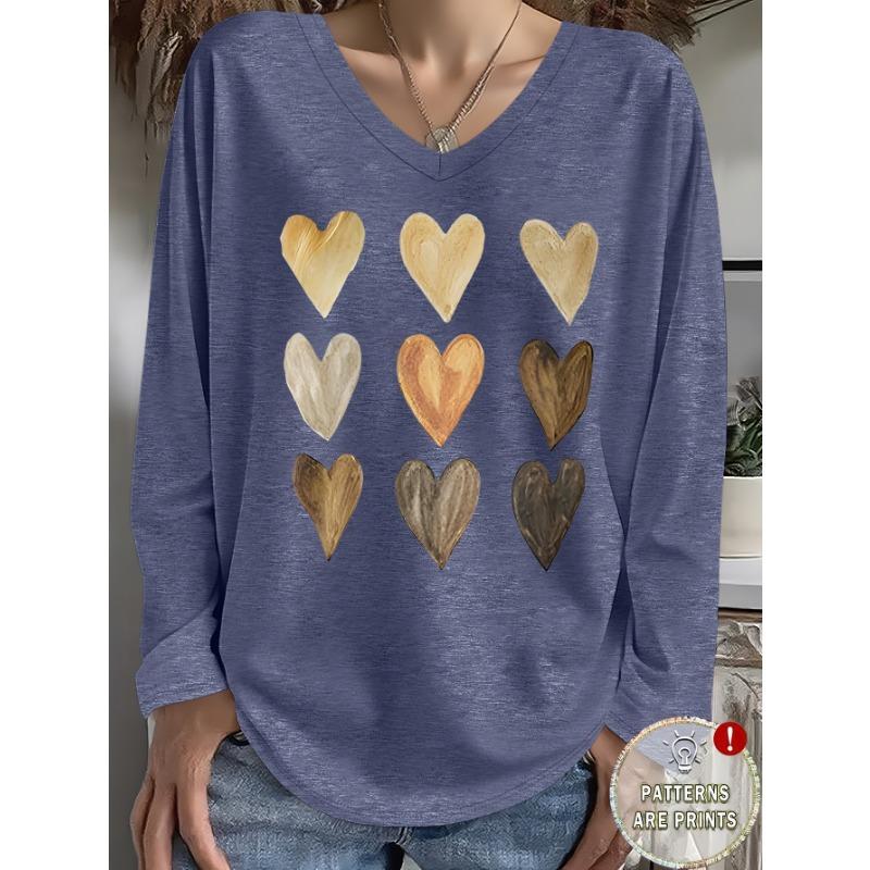 Spring And Summer Plus Size Women'S Fashion Pattern Easy Heart Print Casual V-Neck Long-Sleeved T-Shirt