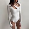 Asymmetric Hollow Neckline Solid Color One Piece Sexy Spicy Girl Fashion Slim Fit Long Sleeve Top