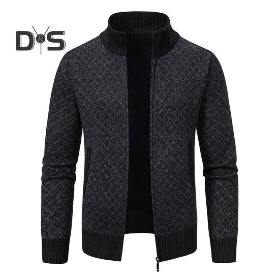 

Мужское трикотажное пальто с воротником-стойкой, длинным рукавом, застежкой-молнией и карманами, клетчатый принт, осень-зима, повседневный трикотаж L чёрный