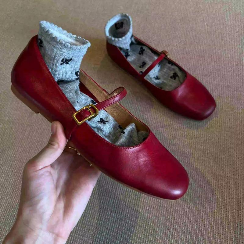 Korean Daughter Retro Style Round Head One-word Buckle Red Ballet Mary Jane Shoes Commuter Flat Shoes Shoes for Women