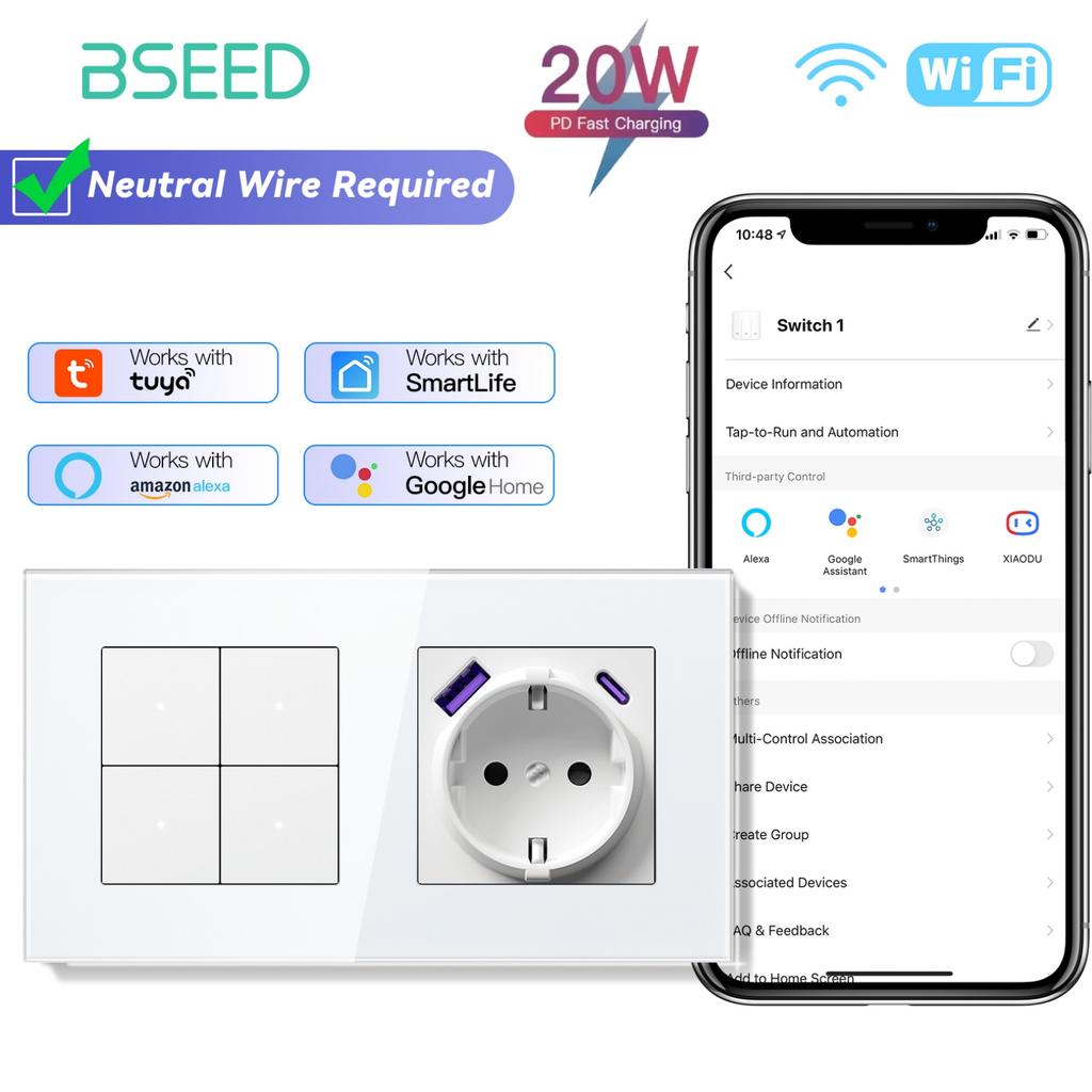 BSEED Wifi Wall Smart Switches 1/2/3/4Gang Mechanical Click Buttons Tuya Smart Life App With EU Power Sockets USB Glass Frames