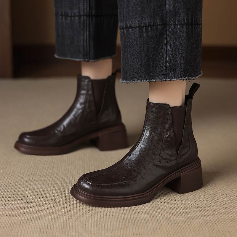 Krazing Pot Sheepskin Round Toe Thick Heels Chelsea Boots Size 42 High Quality Women Keep Warm Ankle Boots