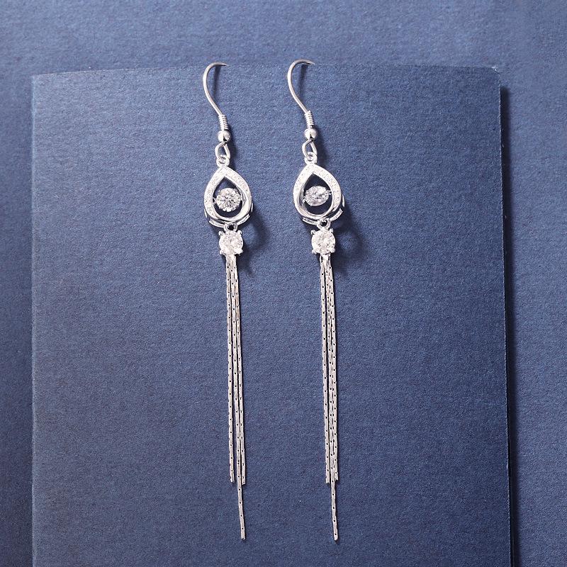 S925 Sterling Silver Diamond-Studded Water Drop Earrings with Long Tassel for Women 925 Silver