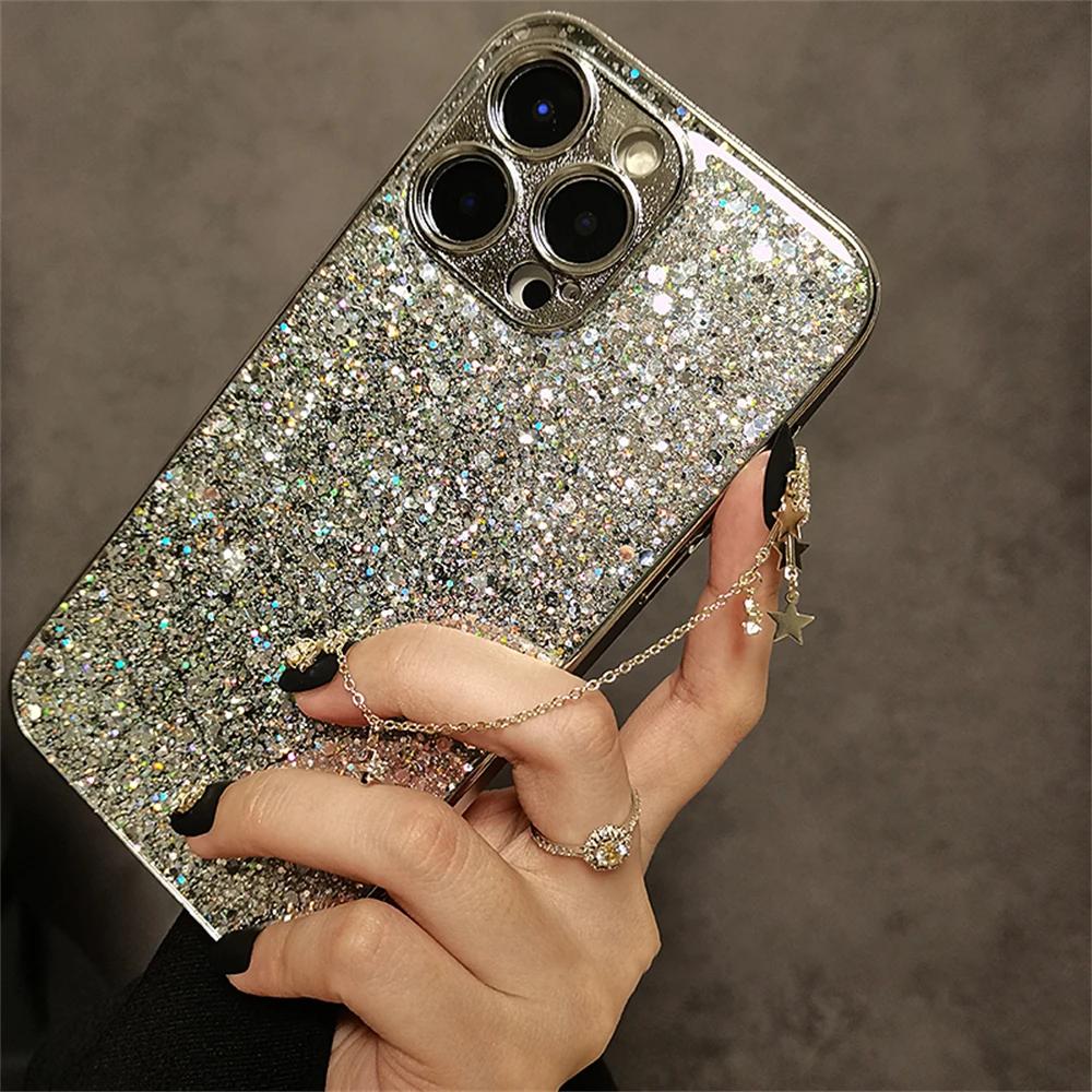 Luxury Bling Glitter Sequins Plating Soft Case For iPhone 17 Air 16 15 14 13 12 11 Pro Max Plus Lens Protective Shockproof Cover