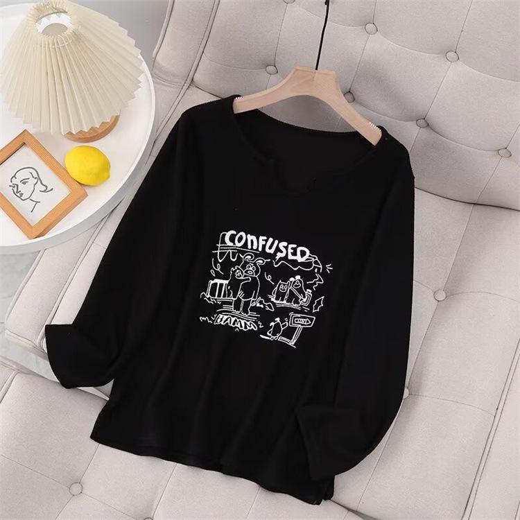 

Plus Size Cartoon Print Long-Sleeve Winter Top with Brushed Base Layer 4XL чорний